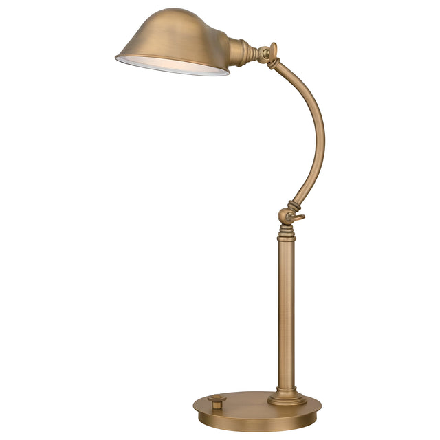 The Thompson LED Table Lamp in aged brass boasts a classic vintage design with a curved neck and an adjustable lamp head, all supported by a round base. With its smooth finish and small adjustment knob below the shade, this lamp seamlessly merges timeless elegance with modern functionality.