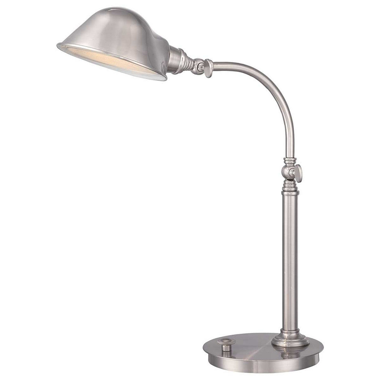 The Thompson LED Table Lamp in brushed nickel boasts a sleek design with an adjustable arm and a round base. Its dome-shaped shade effectively directs light downwards, making it ideal for focused illumination on a desk or work area.