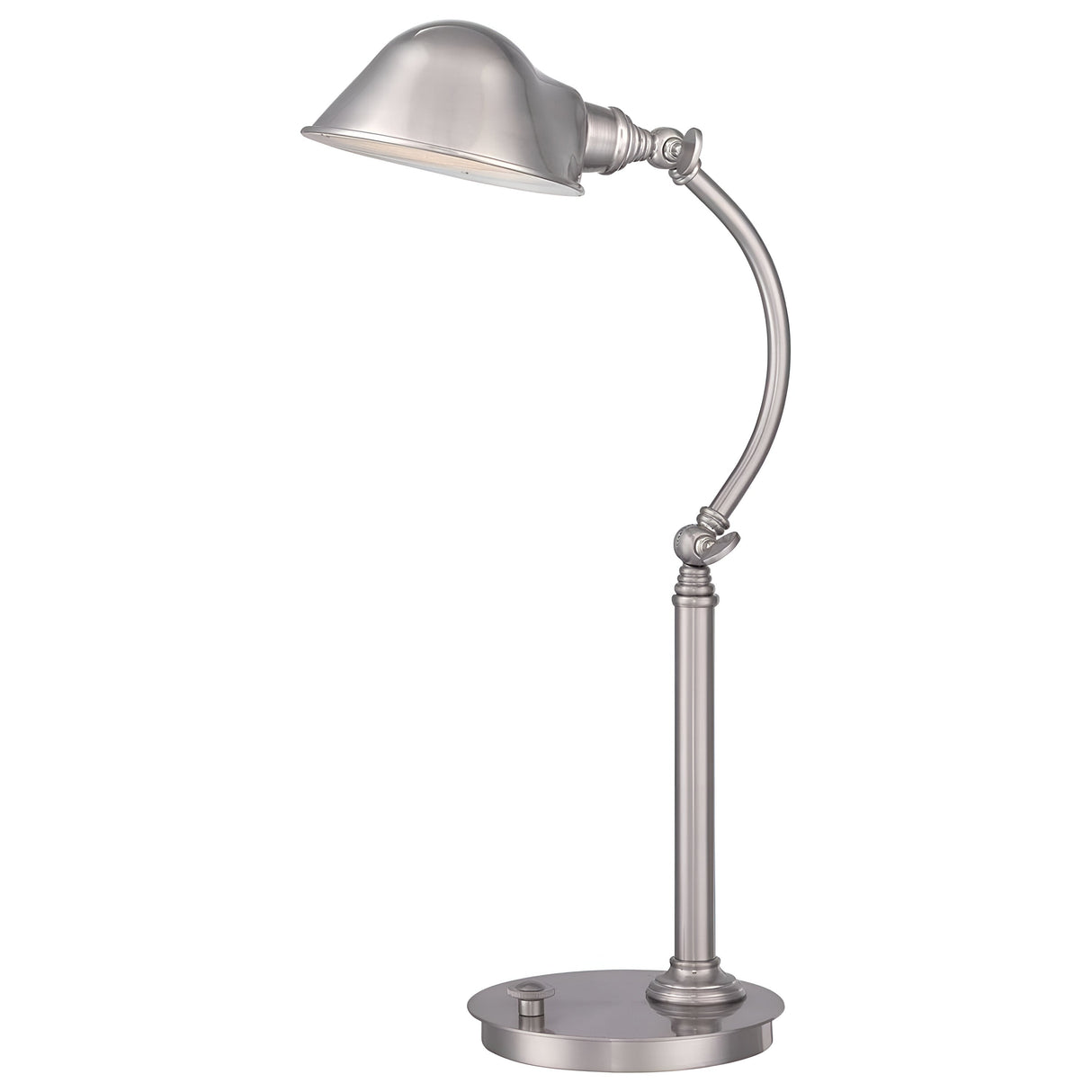 The Thompson LED Table Lamp in brushed nickel features a curved neck and adjustable head, resting on a round, flat base. This LED desk lamp showcases a classic, industrial design with a sleek, polished finish.