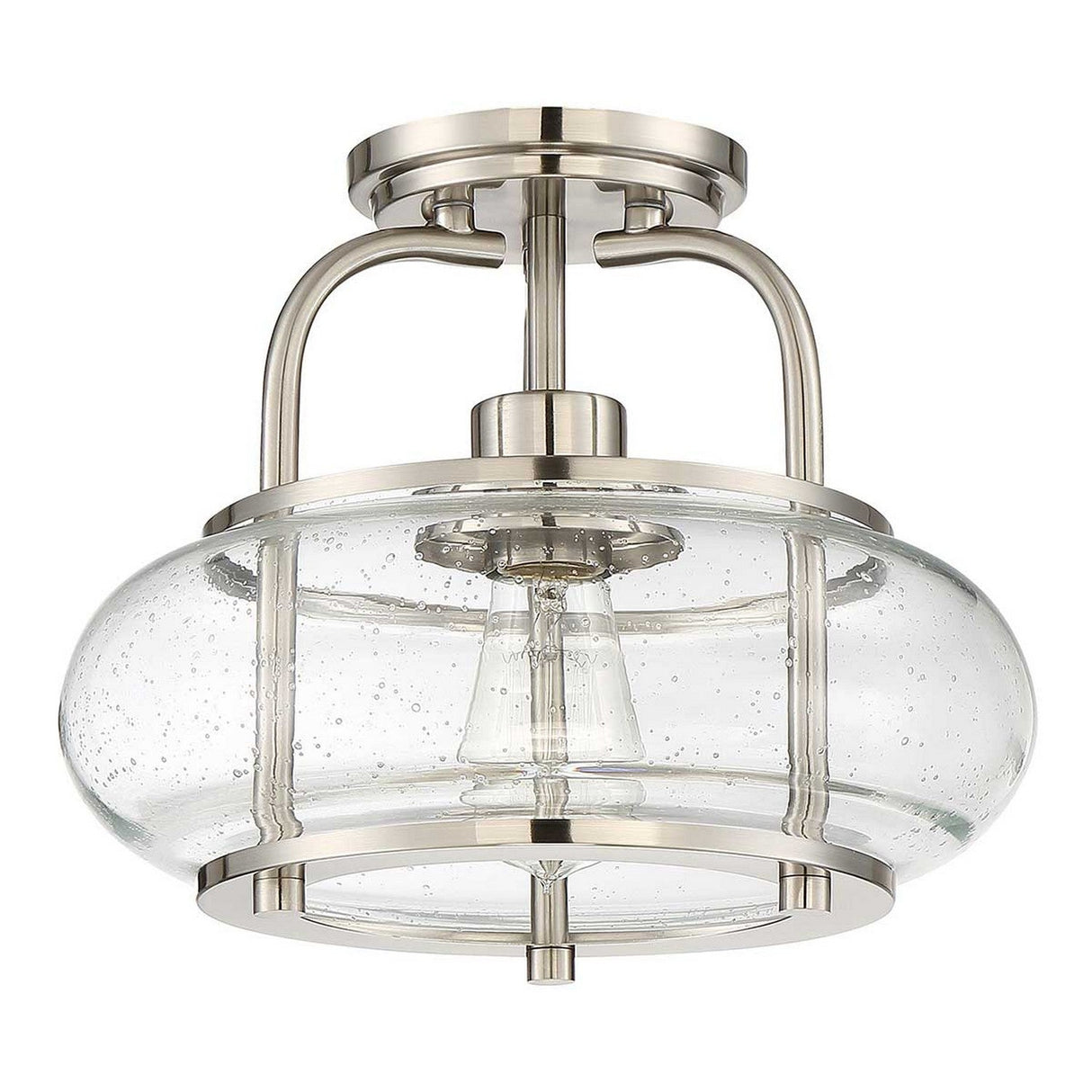 The Trilogy 1 Light Semi-Flush - Brushed Nickel is a sleek, contemporary ceiling light fixture featuring a clear seeded glass globe with small bubbles that encases an Edison-style LED filament bulb.