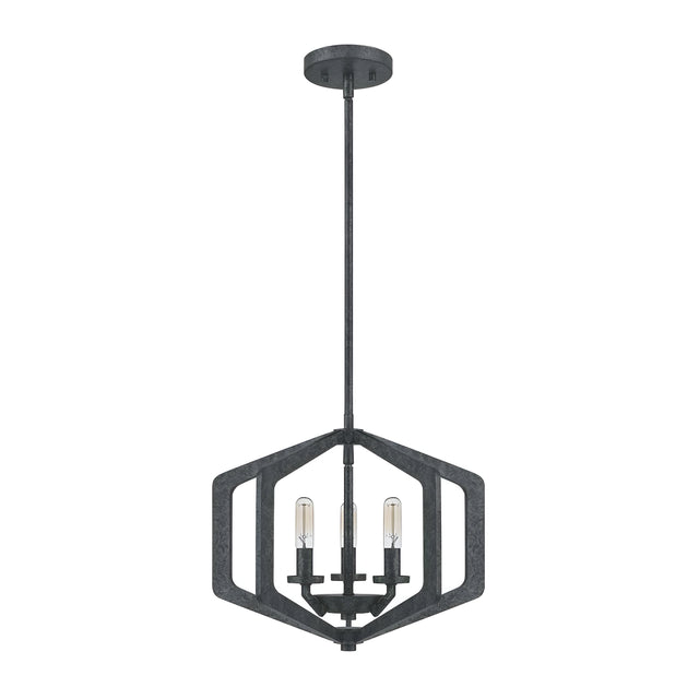 The Vanguard 3 Light Chandelier in Old Black features a modern pendant design with a geometric hexagonal frame in a dark finish, showcasing three exposed bulbs at its center, supported by a down rod and connected to a circular ceiling mount.