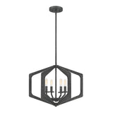 The Vanguard 4 Light Chandelier - Old Black showcases a sleek, contemporary vibe with its hexagonal design, black metal frame, and four exposed light bulbs, inspired by geometric shapes and industrial aesthetics.