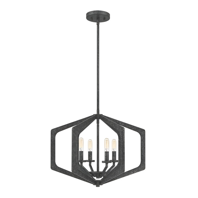 The Vanguard 4 Light Chandelier - Old Black showcases a sleek, contemporary vibe with its hexagonal design, black metal frame, and four exposed light bulbs, inspired by geometric shapes and industrial aesthetics.