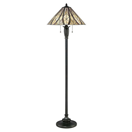 The Victory 2 Light Tiffany Floor Lamp - Valiant Bronze features a tall structure with a stained glass shade adorned with an elegant leaf pattern. It is equipped with a dark, slender pole and a valiant bronze round base, along with two pull chains for ambient lighting operation.