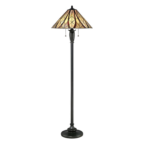 The Victory 2 Light Tiffany Floor Lamp in Valiant Bronze boasts a tall, dark stand and a stunning stained glass shade with a geometric pattern in warm orange and yellow tones. This exquisite piece enhances any room's ambiance and is easily operated by two convenient pull chains.