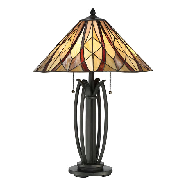 The Victory 2 Light Tiffany Table Lamp - Valiant Bronze features a decorative base in a Valiant Bronze finish and a stained glass shade showcasing warm yellow, orange, and red tones in a geometric pattern. It is equipped with two pull chains for convenient operation.