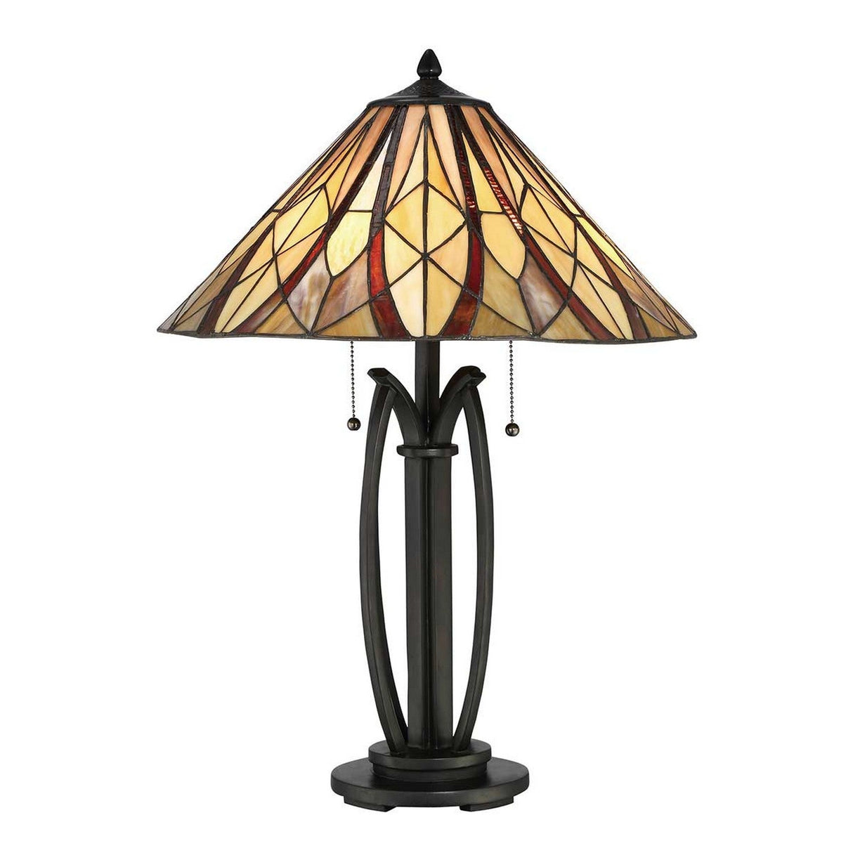 The Victory 2 Light Tiffany Table Lamp - Valiant Bronze features a stunning stained glass shade with amber, red, and beige floral patterns that perfectly enhance its elegant ornate base in valiant bronze. The lamp is also equipped with pull chains for convenient on and off operation.