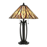 The Victory 2 Light Tiffany Table Lamp - Valiant Bronze features a stunning stained glass shade with amber, red, and beige floral patterns that perfectly enhance its elegant ornate base in valiant bronze. The lamp is also equipped with pull chains for convenient on and off operation.