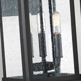 Here's a rewritten version of your sentence:

Close-up of the Wakefield Outdoor 3 Light Large Wall Lantern in Earth Black, featuring a metal frame that encases vertical, exposed filament bulbs. The glass is textured with raindrops, creating a diffused glow that embodies the classic Arts and Crafts lighting style.