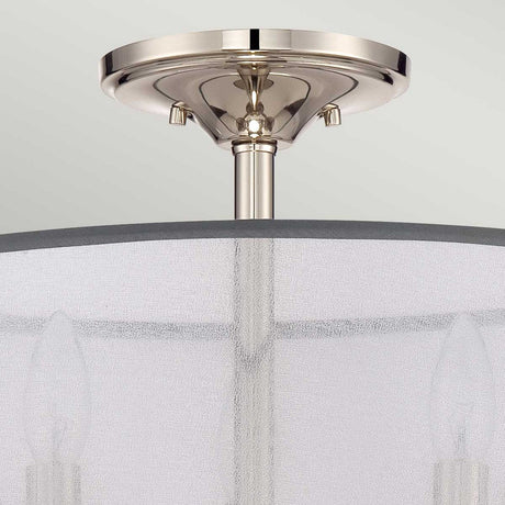 The Whitney 3 Light Semi-Flush - Imperial Silver showcases a contemporary ceiling light fixture, featuring three candle-style bulbs encased within a translucent cylindrical fabric shade for a touch of subtle elegance in your space.