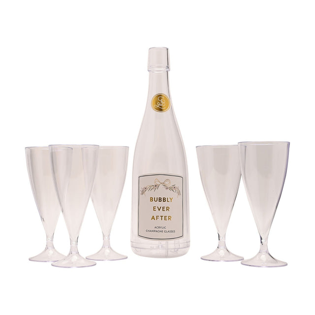Bubbly Ever After acrylic champagne flute set of five clear flutes beside a clear bottle-shaped case with gold-lettered label, on a plain white background.