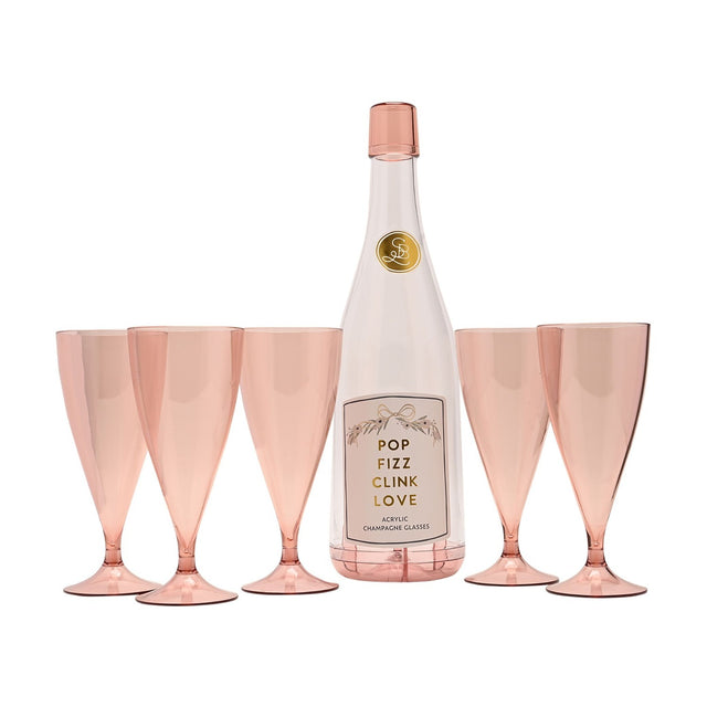 Pop Fizz set of five translucent pink acrylic champagne flutes with tapered bowls and slim stems, alongside a clear labelled bottle with pink cap, on a plain white background.