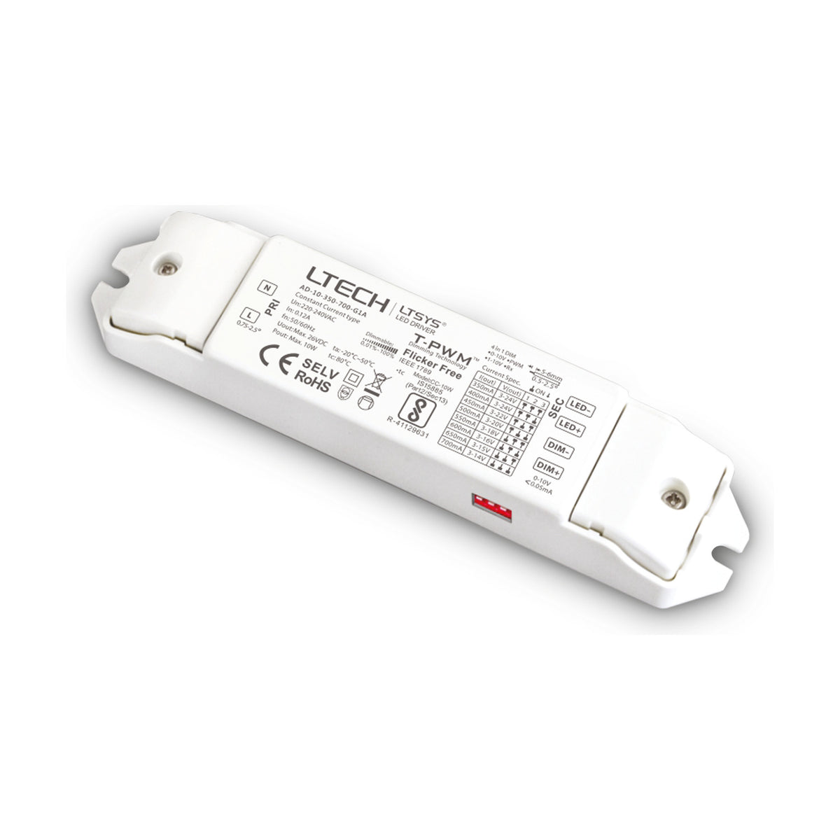 Radiara 12W Constant Current LED Driver with DALI & Push dimming, white rectangular casing with screw-fixed end covers and printed wiring diagram, shown on a plain background.
