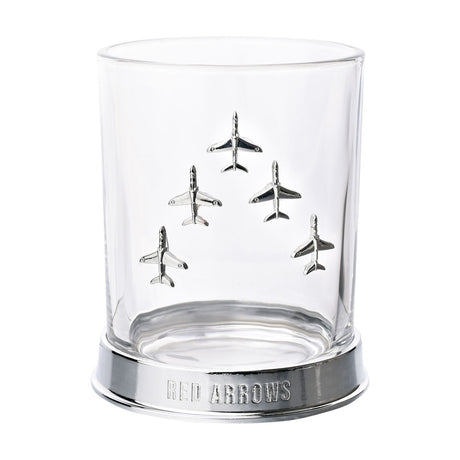Red Arrows Formation whiskey tumbler, clear glass with five silver jets in arrowhead formation, round shape on a metal base engraved "RED ARROWS", plain white background.