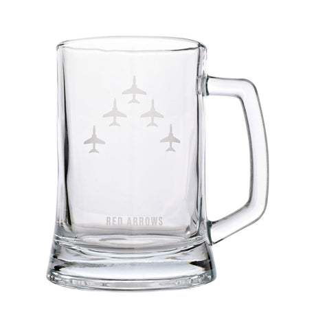 Clear glass tankard with squared handle, etched with five jets in arrowhead formation and "RED ARROWS" text above the flared base, shown on a plain white background.