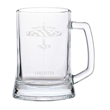 Clear glass tankard beer mug with sturdy handle and thick base, featuring a frosted etching of a Lancaster bomber from above with camouflage stripes and "LANCASTER" text beneath.