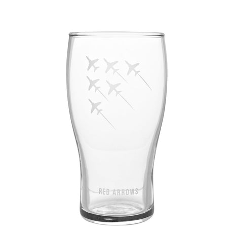 Clear tulip pint beer glass etched with six jets in diagonal formation trailing smoke lines, with "RED ARROWS" text above the base, on a plain white background.