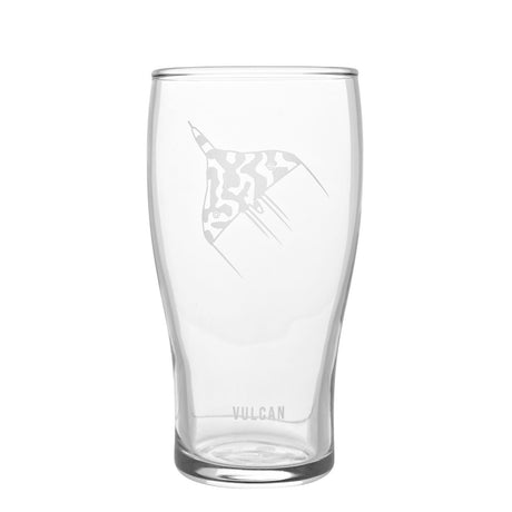 Clear glass tumbler etched with a frosted Vulcan aircraft design and "VULCAN" text near the base, shown on a plain white background.