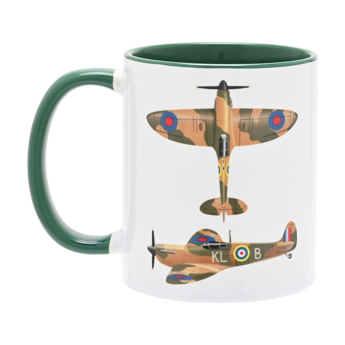 Spitfire Printed Stoneware Mug with Green Handle - White