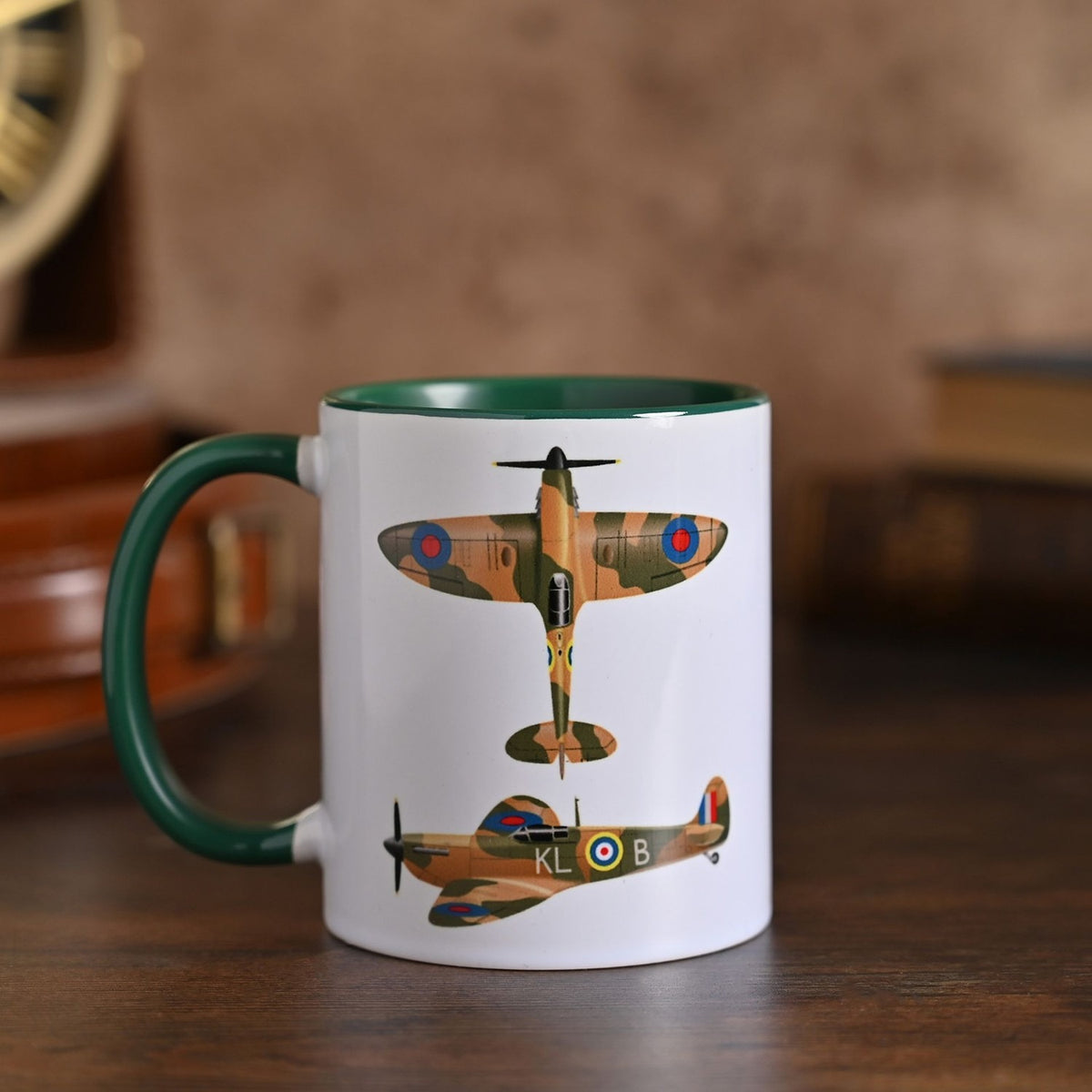 Spitfire Printed Stoneware Mug with Green Handle - White