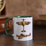 Spitfire Printed Stoneware Mug with Green Handle - White