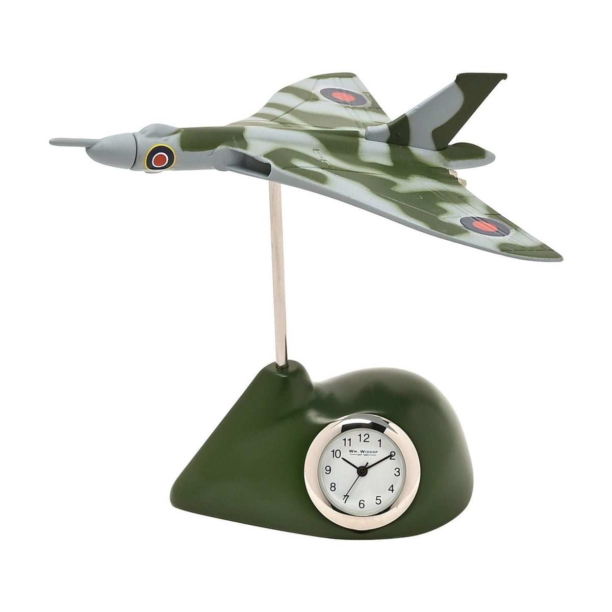 Green and pale grey camouflage Vulcan Delta Wing Aircraft miniature mantel clock with red and blue roundels, round white dial, and dark green base.