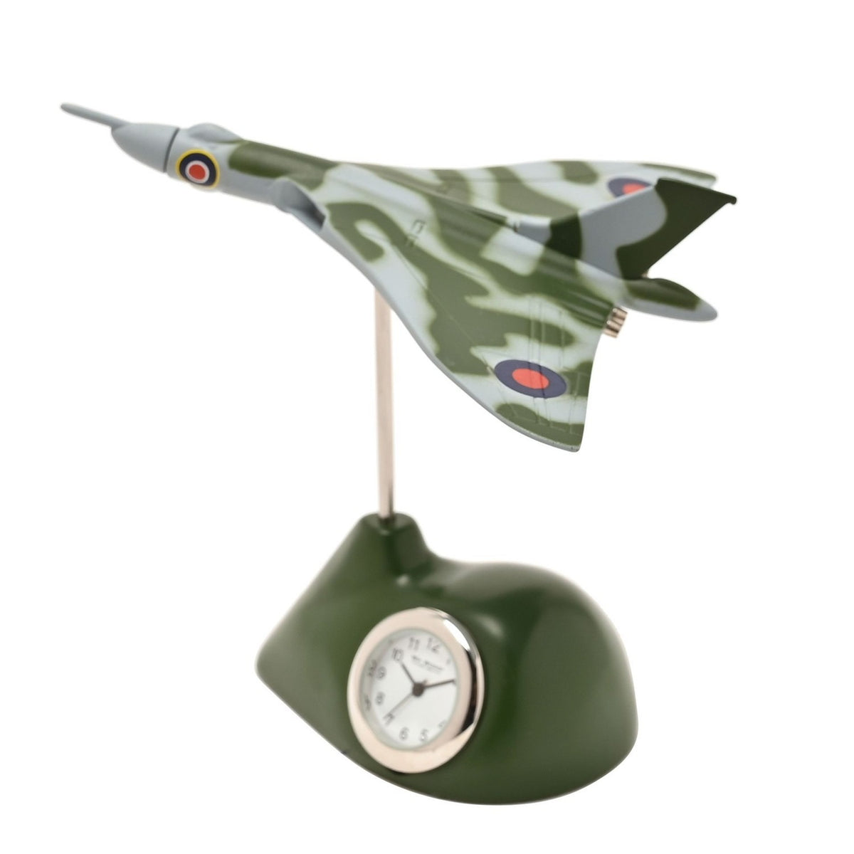 Vulcan Delta Wing Aircraft Miniature Mantel Clock in green and grey camouflage with red and blue roundels, mounted on a rounded dark green base with a round white dial, on a plain white background.