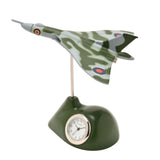 Vulcan Delta Wing Aircraft Miniature Mantel Clock in green and grey camouflage with red and blue roundels, mounted on a rounded dark green base with a round white dial, on a plain white background.
