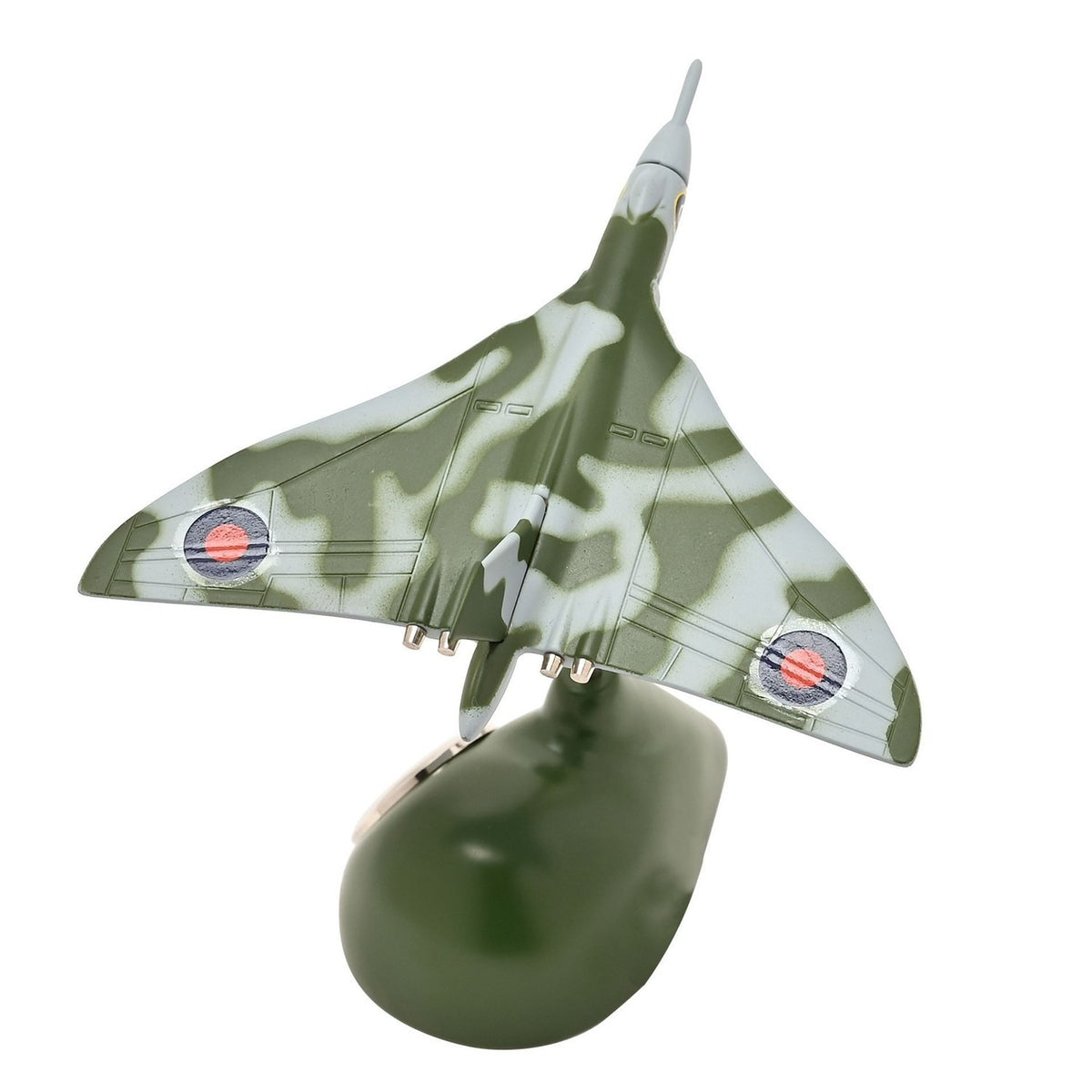 Vulcan Delta Wing Aircraft Miniature Mantel Clock in Green, a camouflage model plane with roundel markings, mounted mid-flight above a rounded clock base, shown on a white background.