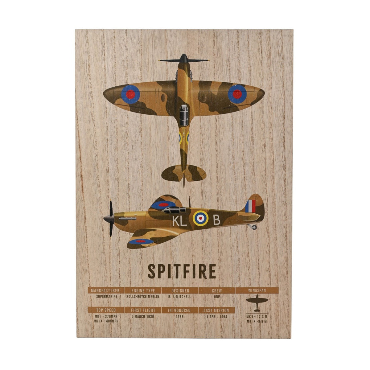 Wooden A3 wall plaque with top and side view Spitfire illustrations in brown camouflage, "KL B" lettering and roundel, "SPITFIRE" title with fact panel below.
