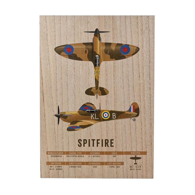 Wooden A3 wall plaque with top and side view Spitfire illustrations in brown camouflage, "KL B" lettering and roundel, "SPITFIRE" title with fact panel below.