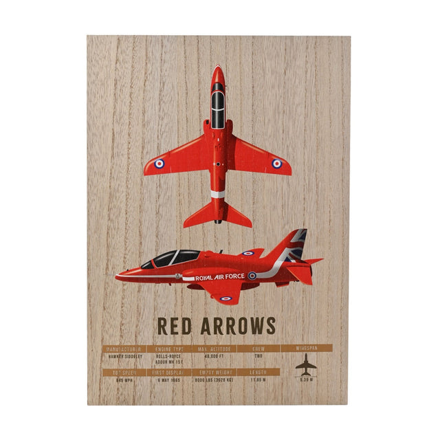 Rectangular wood-effect wall plaque showing two red RAF Red Arrows jets, one from above and one in profile with Union flag tail, above printed aircraft specifications.