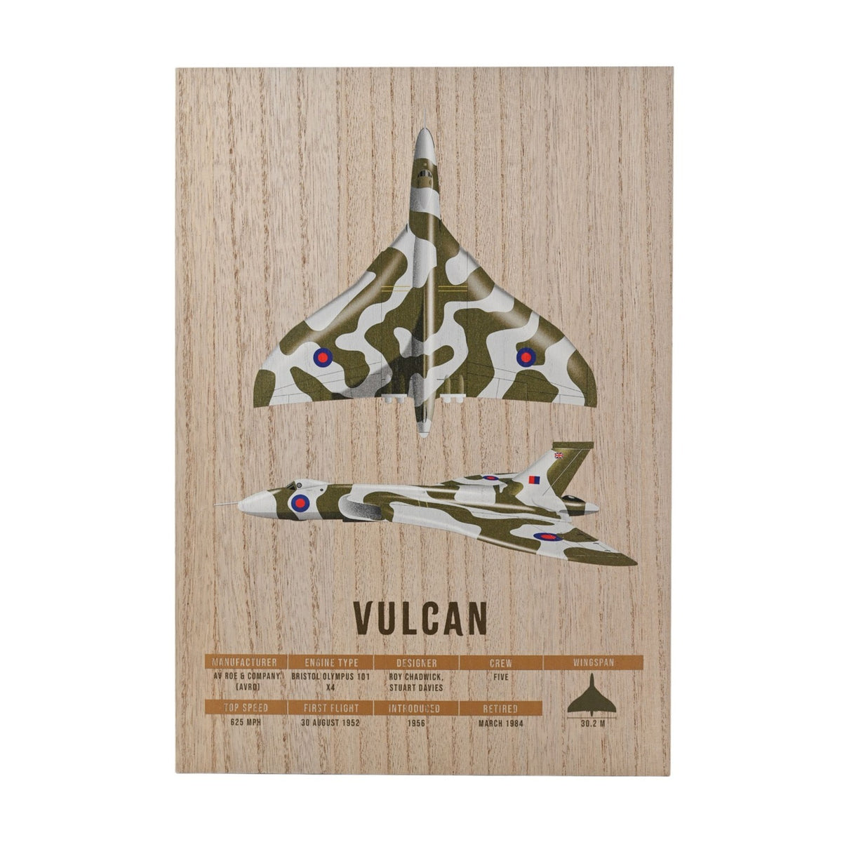 Vulcan Aircraft Print Wood Effect A3 Wall Plaque - Brown