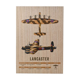 Wood effect A3 wall plaque with overhead and profile illustrations of a camouflaged Lancaster bomber bearing roundels, titled "Lancaster" above a printed panel of aircraft facts.