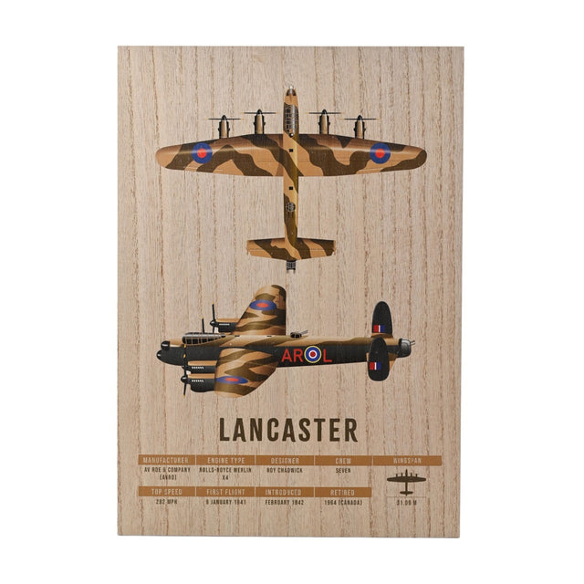 Wood effect A3 wall plaque with overhead and profile illustrations of a camouflaged Lancaster bomber bearing roundels, titled "Lancaster" above a printed panel of aircraft facts.
