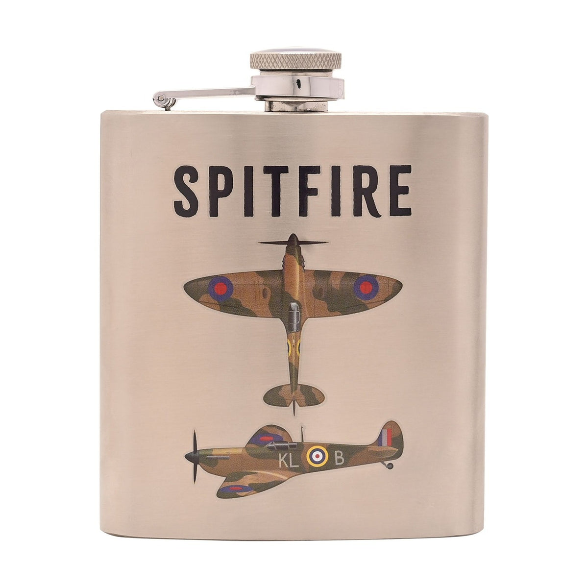 Spitfire Iron Hip Flask 6oz with Hinged Screw Cap - Silver