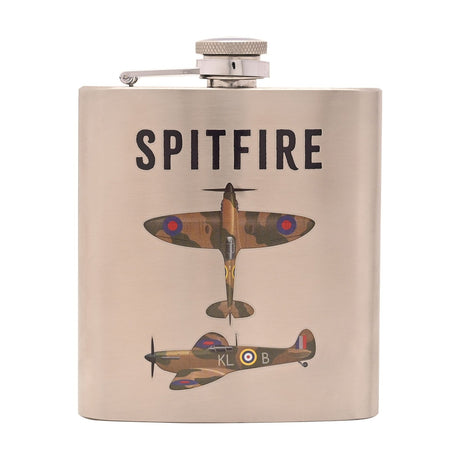 Silver 6oz Spitfire hip flask with hinged screw cap, printed with "SPITFIRE" text and camouflage aircraft illustrations, shown on a plain white background.