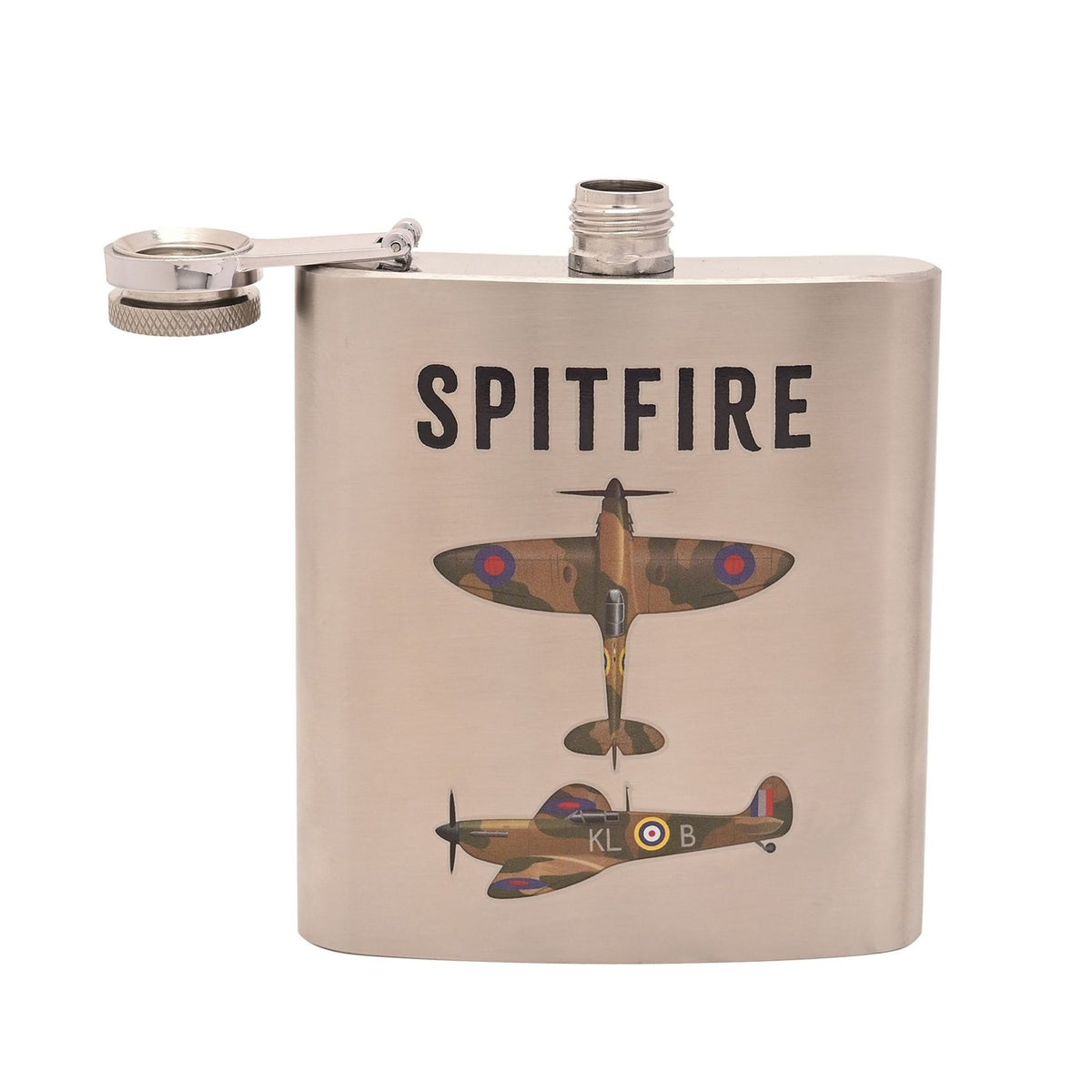 Spitfire Iron Hip Flask 6oz with Hinged Screw Cap - Silver