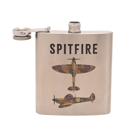 Silver stainless steel 6oz hip flask with hinged screw cap, printed with "SPITFIRE" text and top-view and side-profile camouflage aircraft illustrations, on a white background.