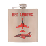 Brushed silver rectangular hip flask, 6oz, with screw cap, printed "RED ARROWS" above two red jets and RAF markings, on a plain white background.