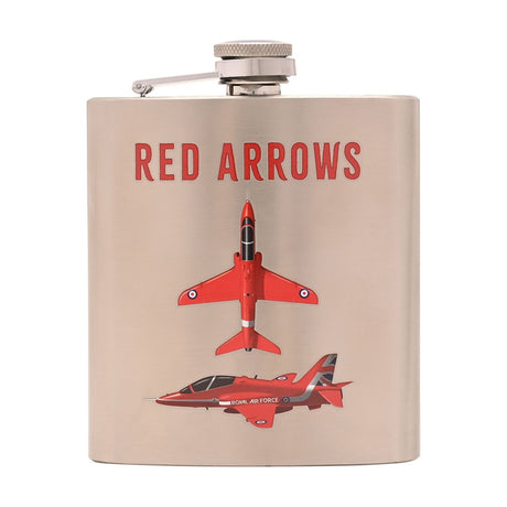 Brushed silver rectangular hip flask, 6oz, with screw cap, printed "RED ARROWS" above two red jets and RAF markings, on a plain white background.