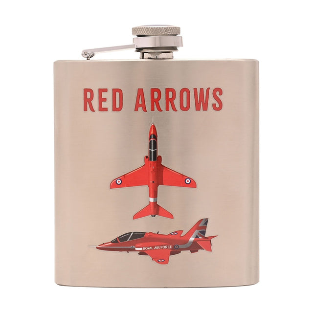 Brushed silver rectangular hip flask, 6oz, with screw cap, printed "RED ARROWS" above two red jets and RAF markings, on a plain white background.