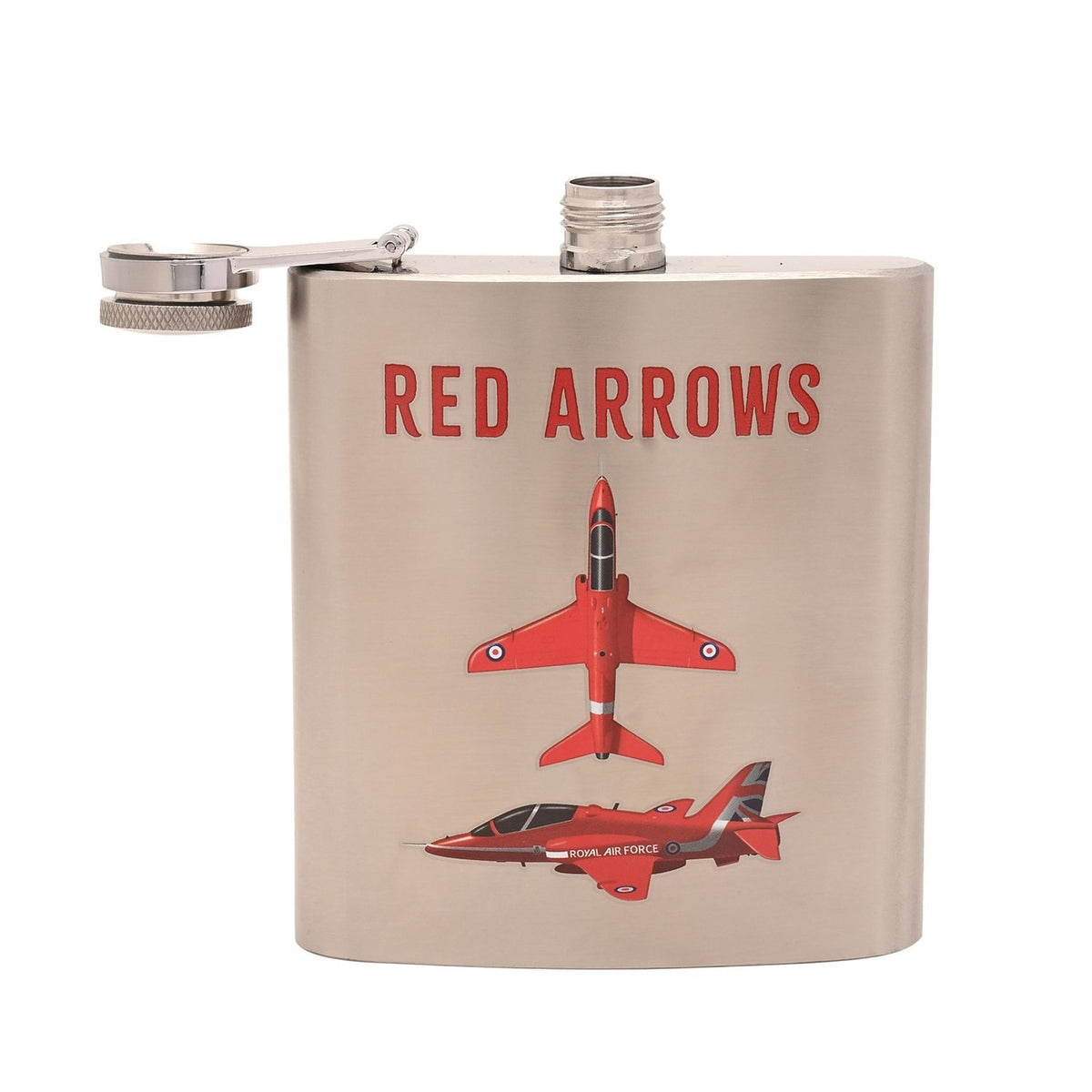 Rectangular brushed silver iron 6oz hip flask with screw cap and hinged lid, printed RED ARROWS above two red jets and ROYAL AIR FORCE text, on a white background.