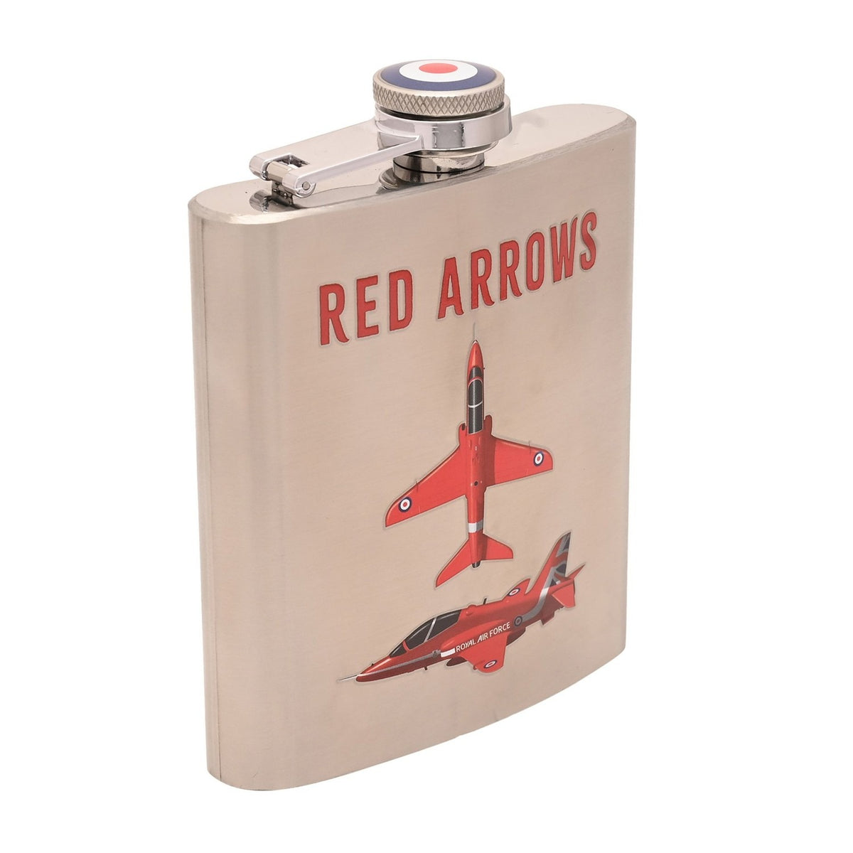 Brushed silver rectangular 6oz hip flask with hinged cap featuring a red, white and blue roundel, printed "RED ARROWS" text and two red jets on the front, shown on a white background.