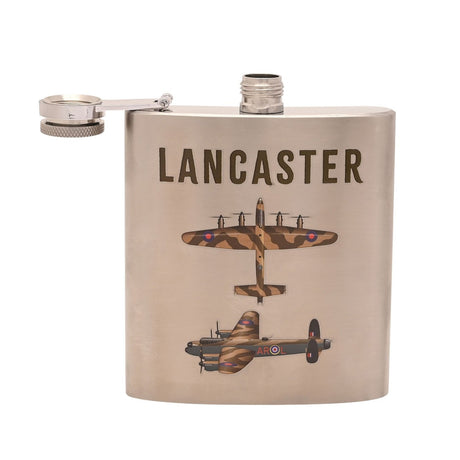 Silver 6oz hip flask with hinged cap, printed "LANCASTER" text and camouflage aircraft illustrations in overhead and side-profile views, on a brushed steel body against a white background.