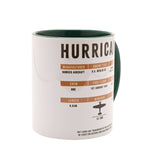 White stoneware Hurricane mug with green interior and handle, featuring a printed fact sheet with manufacturer, crew, and wingspan details on a plain white background.