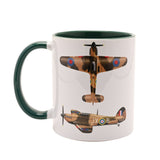 Hurricane Stoneware Mug 11oz with green interior and handle, white body printed with camouflage Hurricane fighter plane artwork, shown on a plain white background.