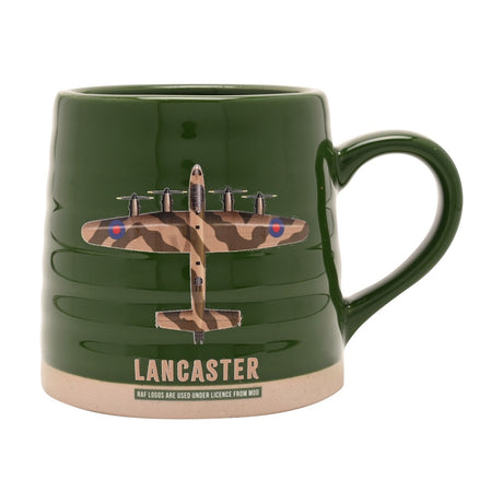 Green ribbed stoneware mug with a camouflage Lancaster aircraft print and "LANCASTER" text, glossy finish with unglazed base, shown on a white background.
