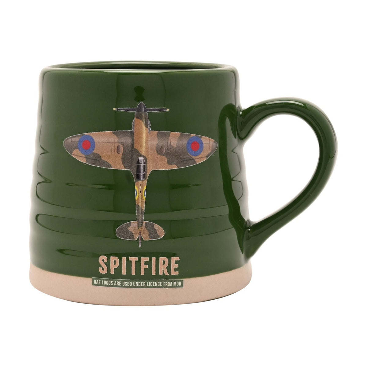 Green ribbed stoneware mug, 11oz, with a camouflage Spitfire plane printed above the "SPITFIRE" text, unglazed stoneware base, shown on a plain white background.