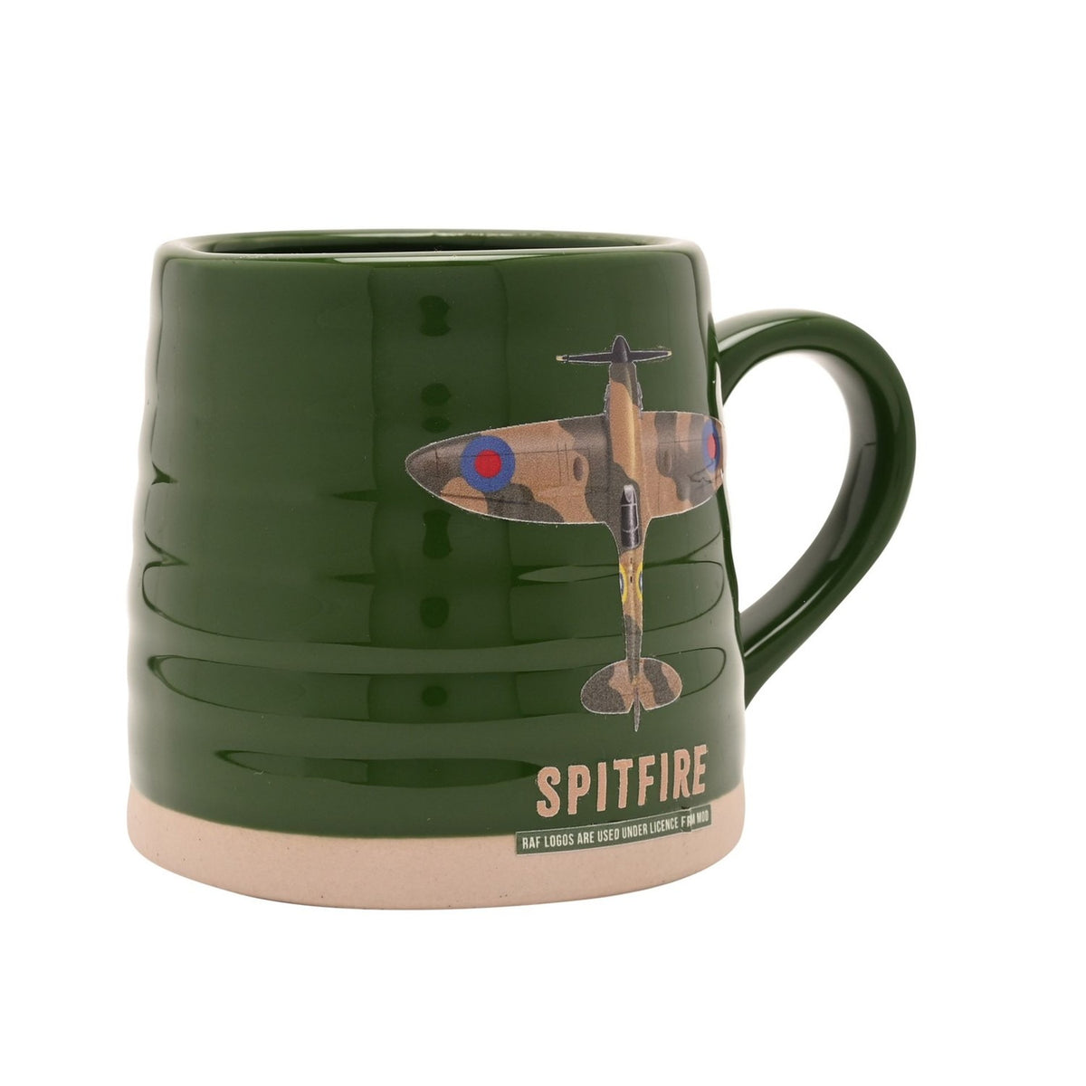 Green ribbed stoneware mug with a camouflage Spitfire plane design and "SPITFIRE" text, unglazed base band, shown on a white background.
